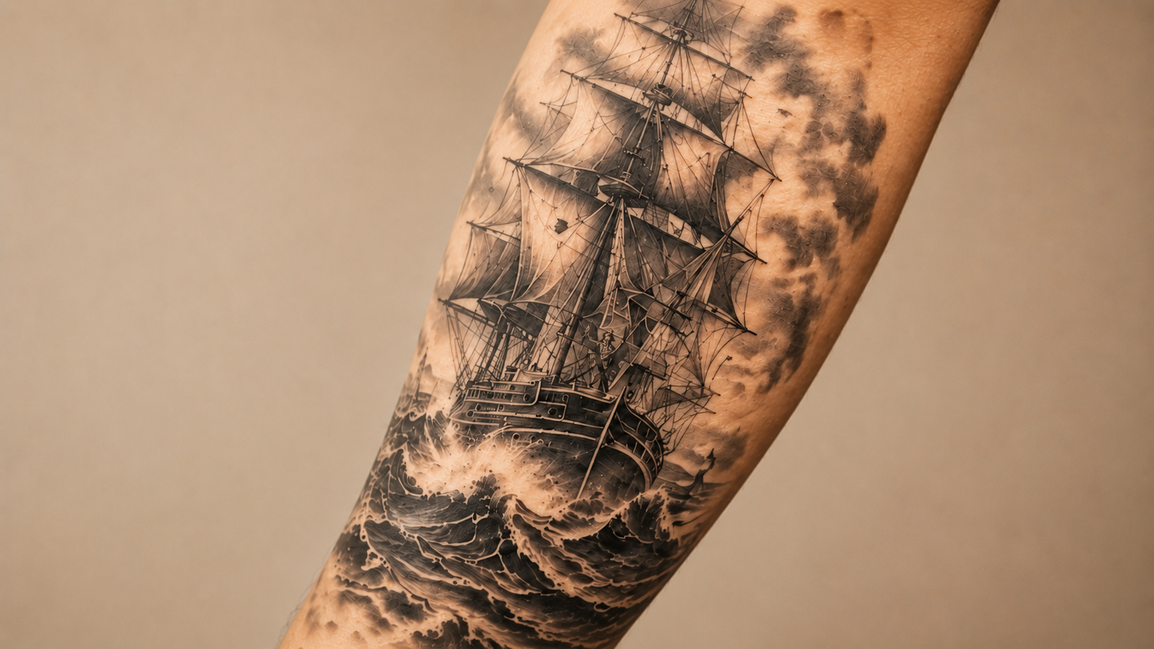 Pirate ship tattoo — custom tattoo artistry at Pirates Studio, Torrevieja